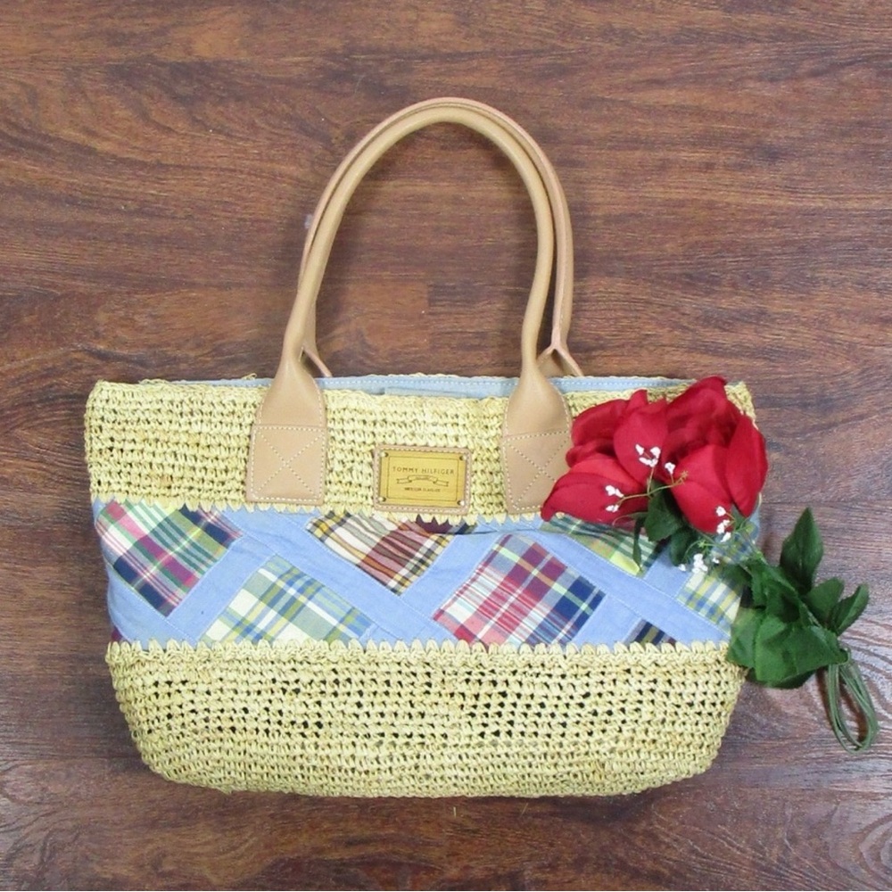 Tommy Hilfiger Shoulder Purse Summer Plaid Straw Color